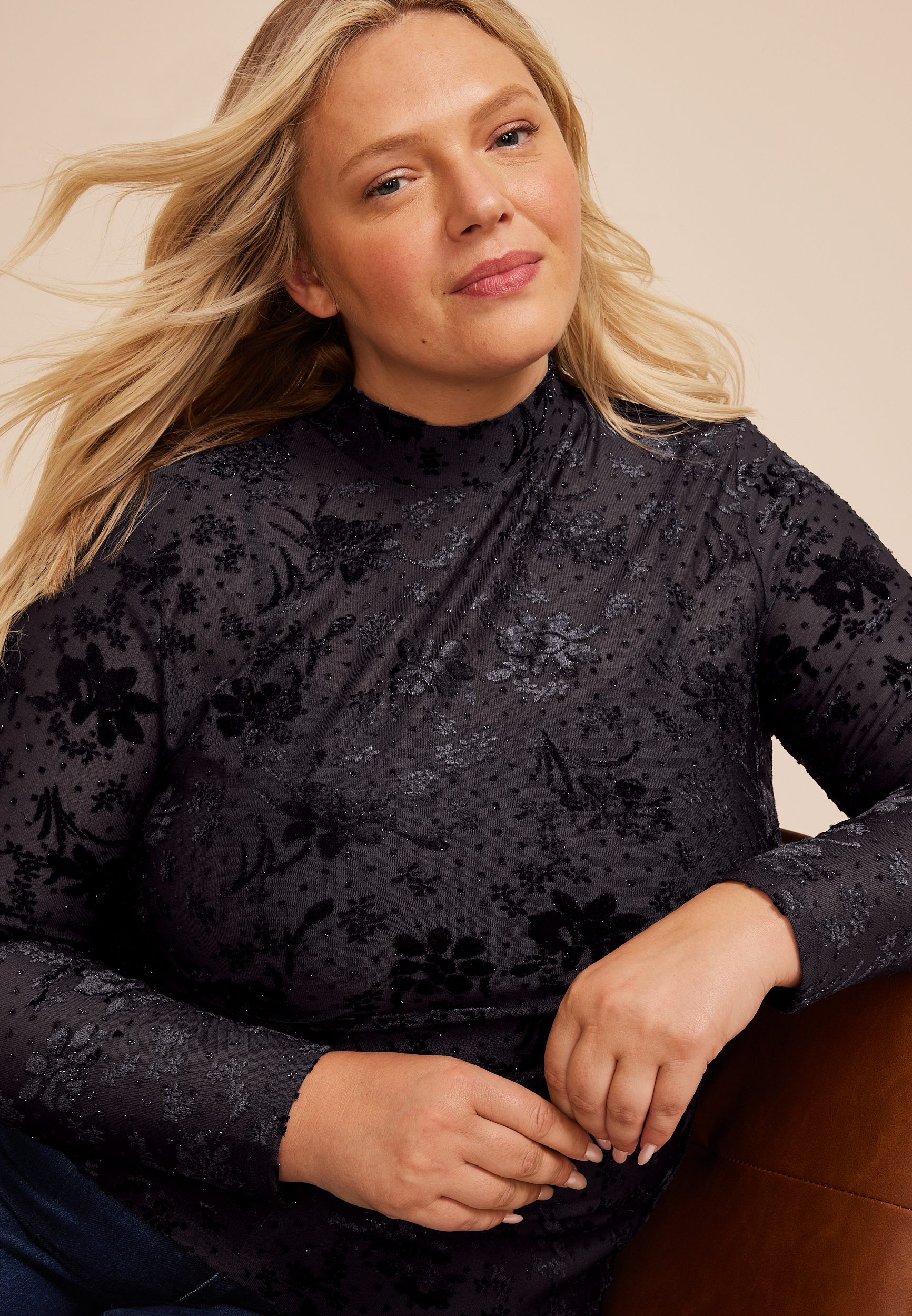 Plus Size Studio Y Sparkle Flocked Mesh Mock Neck Top, C4402, large