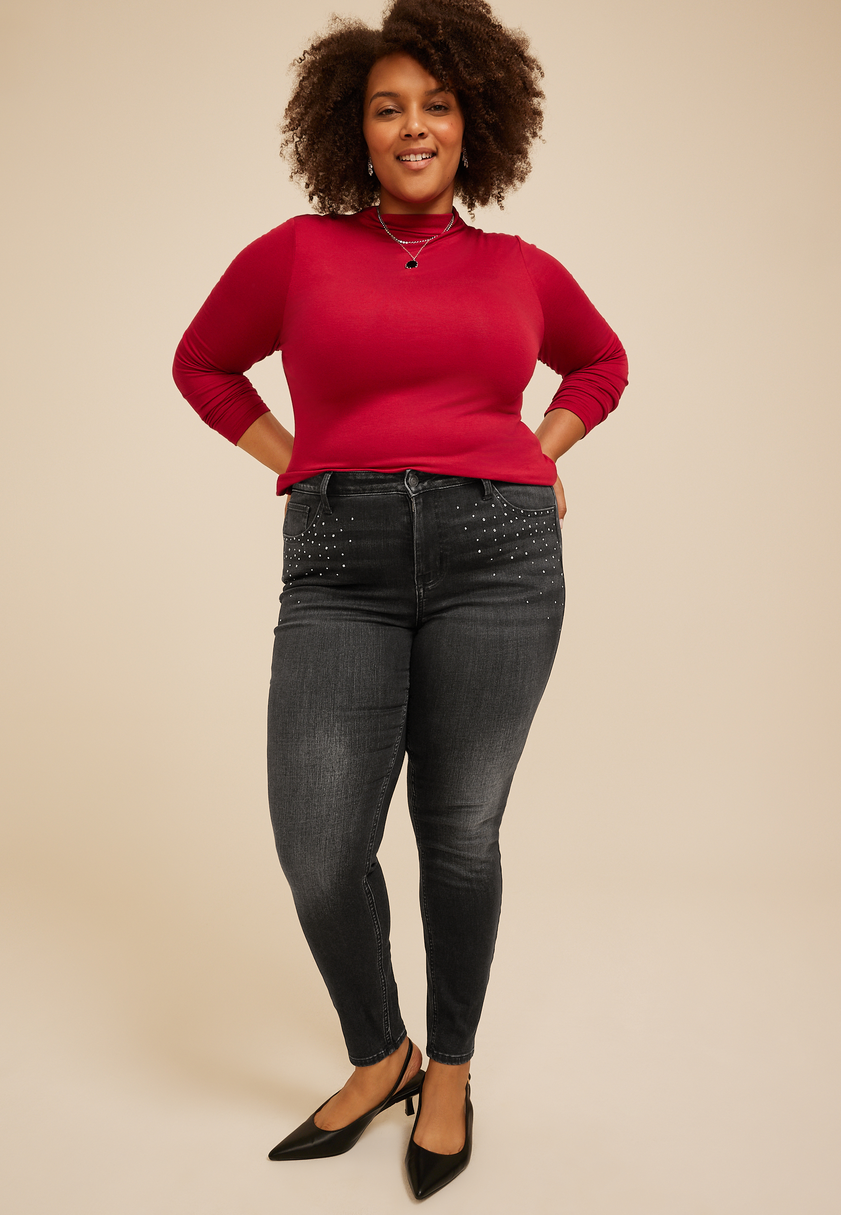 Plus Size m jeans by maurices™ High Rise Black Rhinestone Pocket Jeggings, C106, large