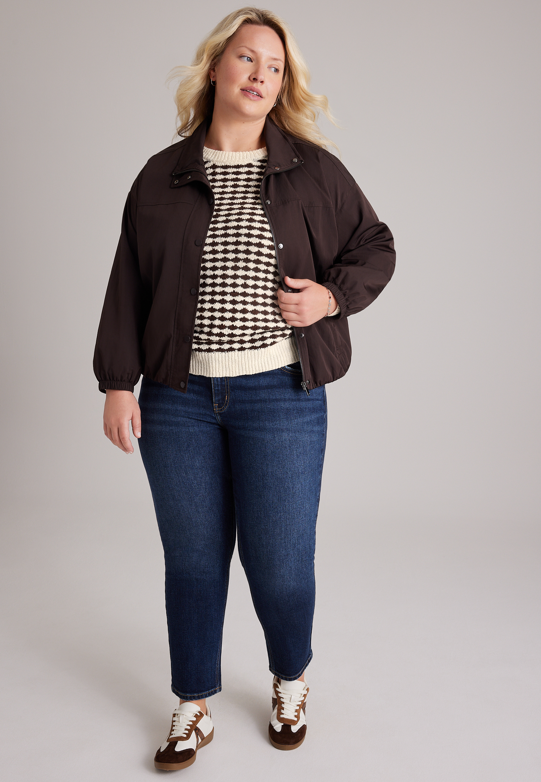 Plus Size Cinch Waist Windbreaker Jacket, C115, large