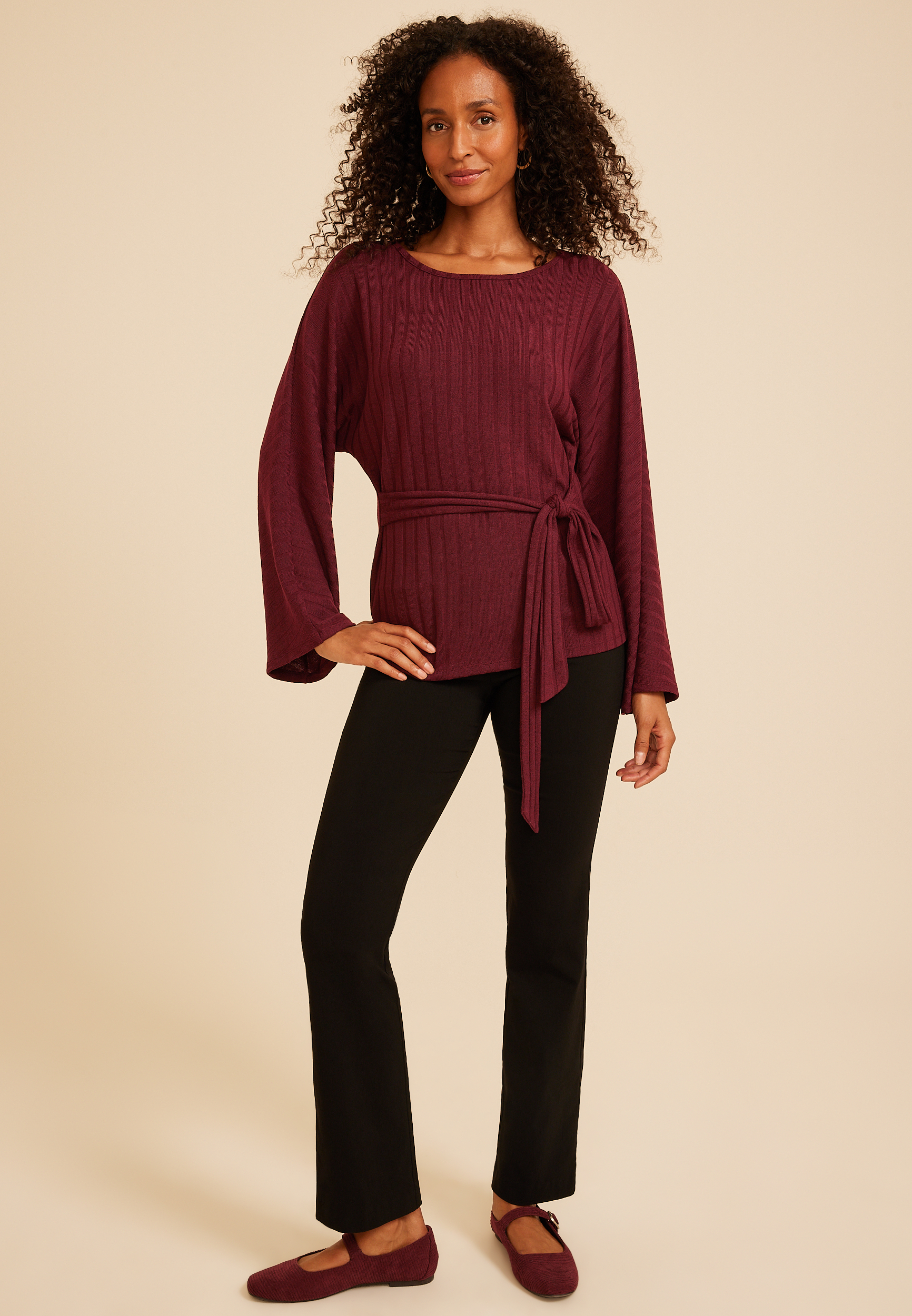 Tie Front Rib Knit Cape Blouse, C7923, large