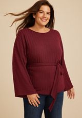 Plus Size Tie Front Rib Knit Cape Blouse, C7923, small