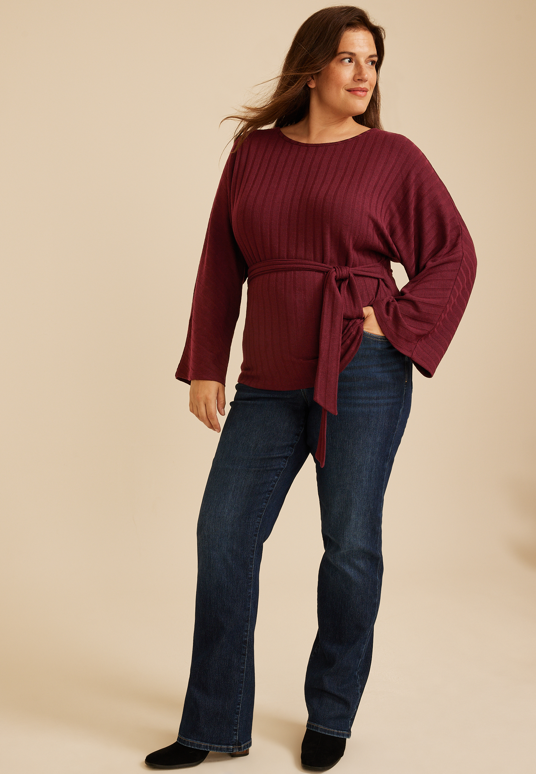 Plus Size Tie Front Rib Knit Cape Blouse, C7923, large