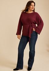 Plus Size Tie Front Rib Knit Cape Blouse, C7923, small