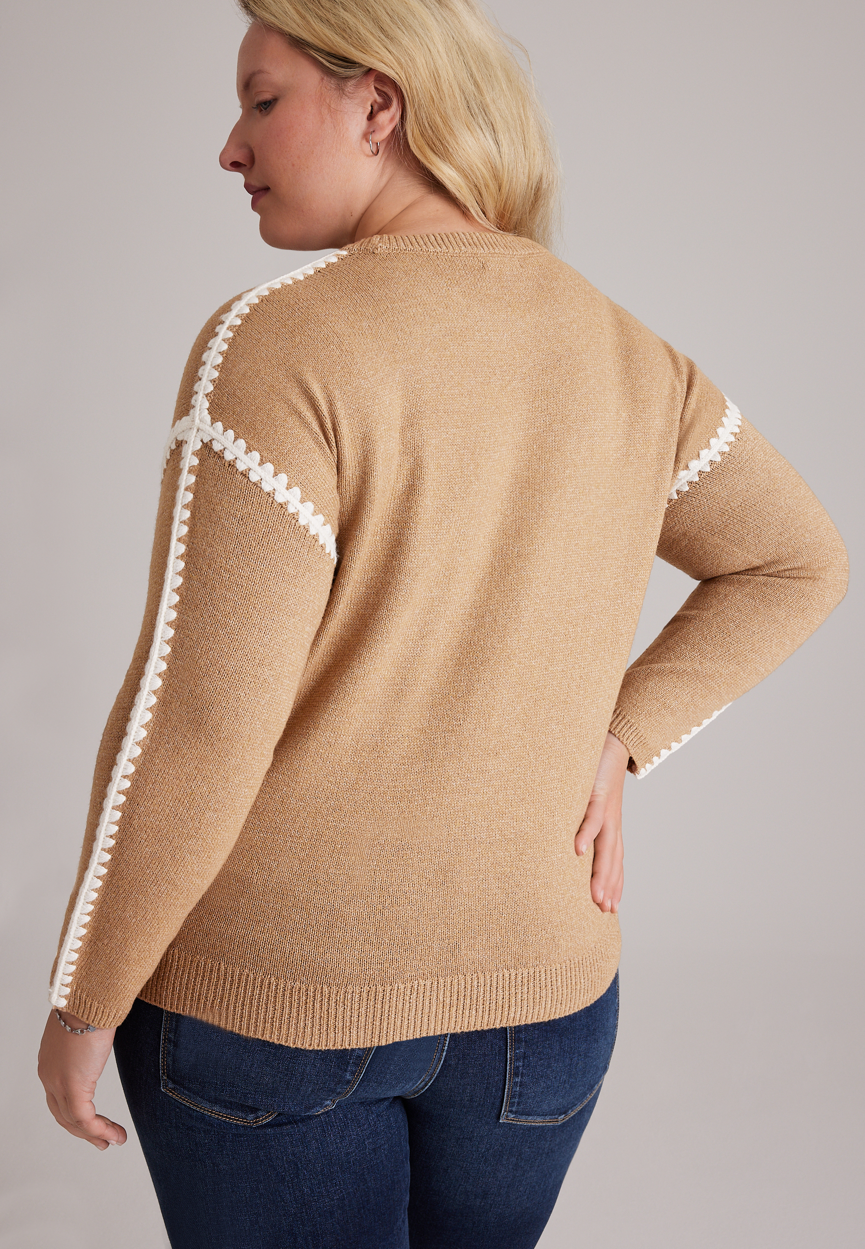 Plus Size Contrast Stitch Sleeve Sweater, C1265, large