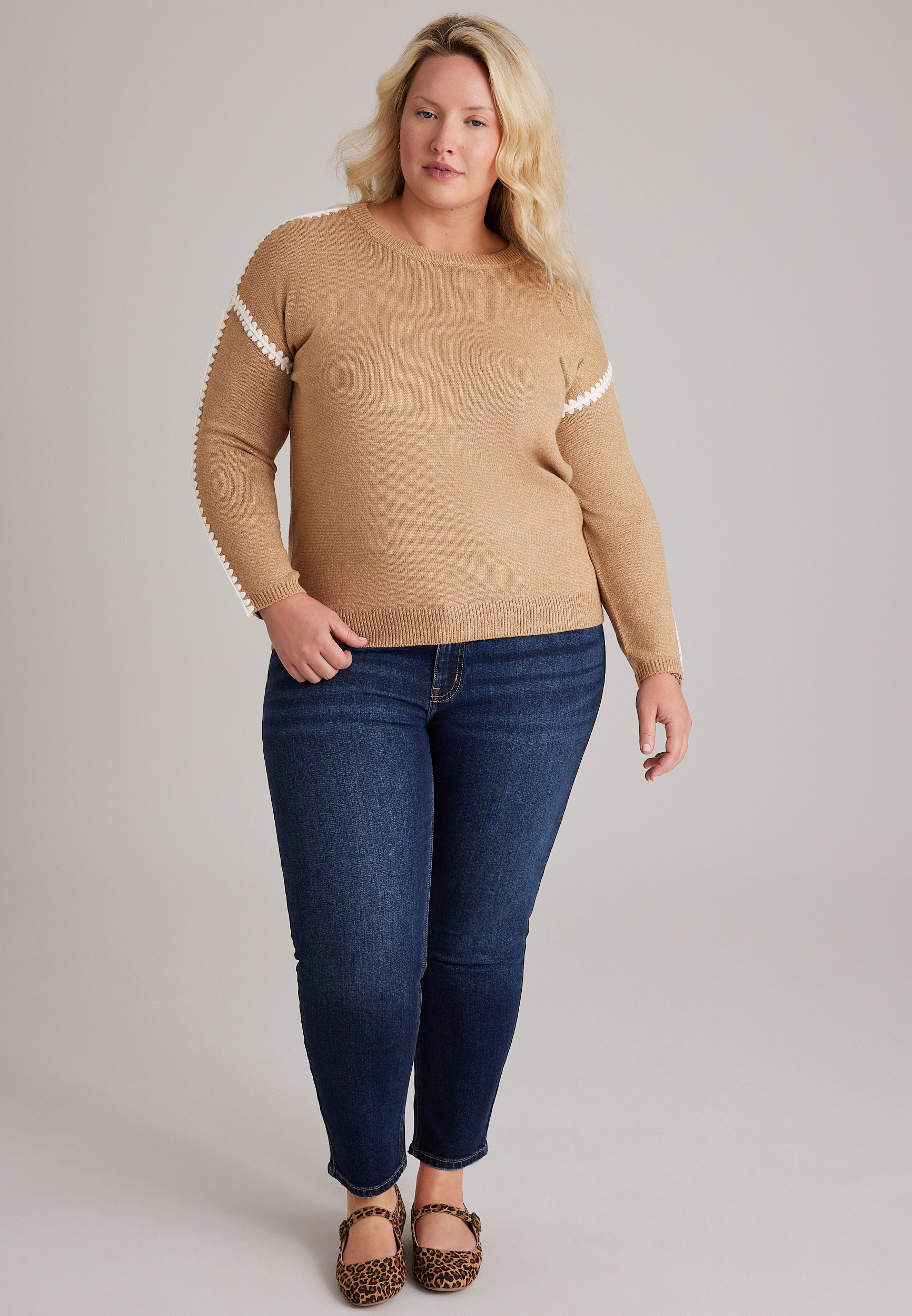 Plus Size Contrast Stitch Sleeve Sweater, C1265, large