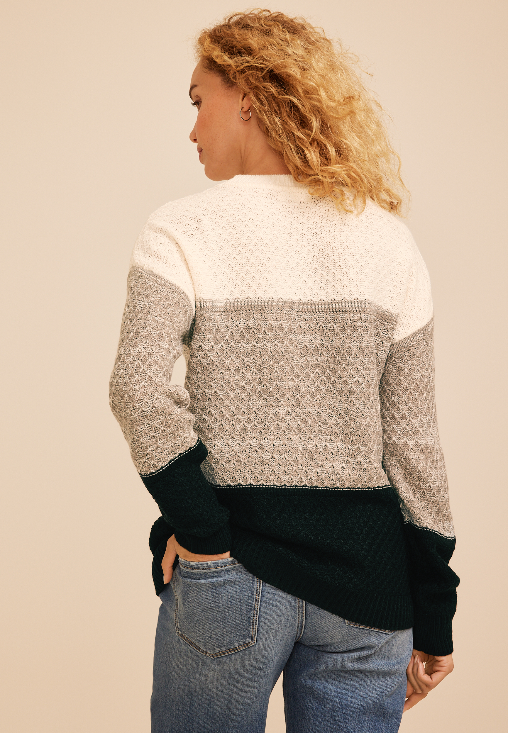 Neutral Colorblock Crew Neck Sweater, C1755, large