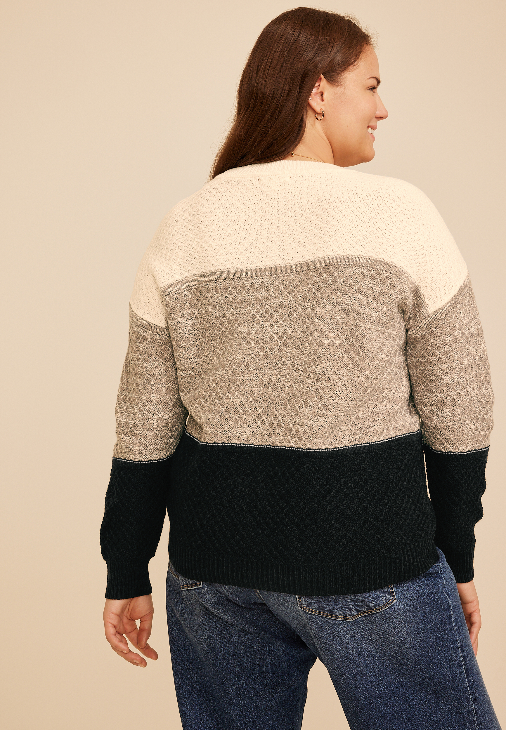 Plus Size Neutral Colorblock Crew Neck Sweater, C1755, large