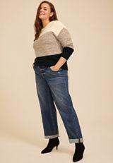 Plus Size Neutral Colorblock Crew Neck Sweater, C1755, small