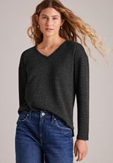 24/7 Ottoman Metallic Stripe Rib Long Sleeve Top, C1756, small