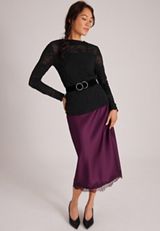 Pleated Lace Mock Neck Top, C106, small