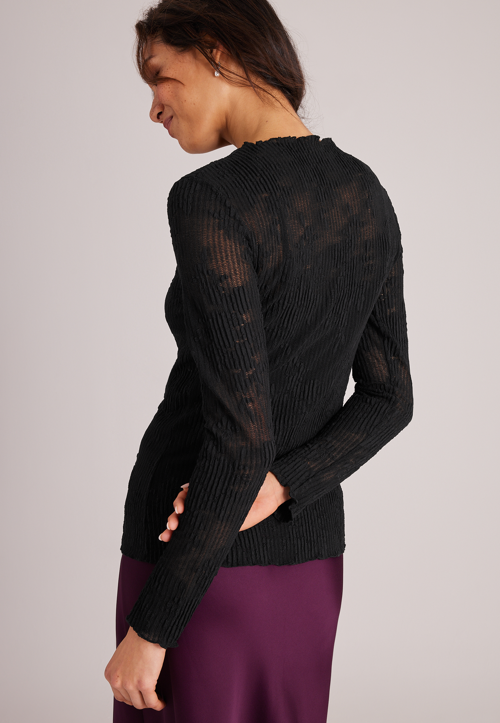 Pleated Lace Mock Neck Top, C106, large