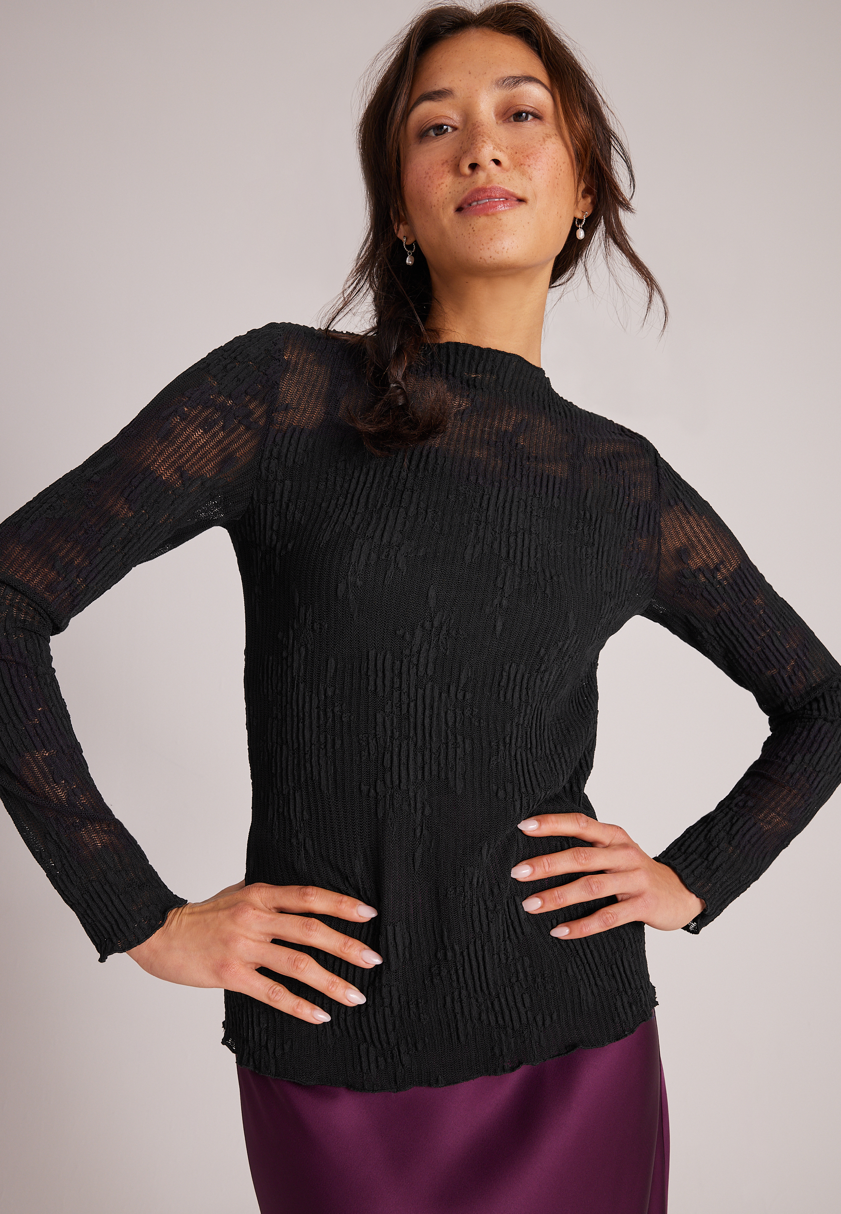 Pleated Lace Mock Neck Top, C106, large