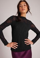 Pleated Lace Mock Neck Top, C106, small