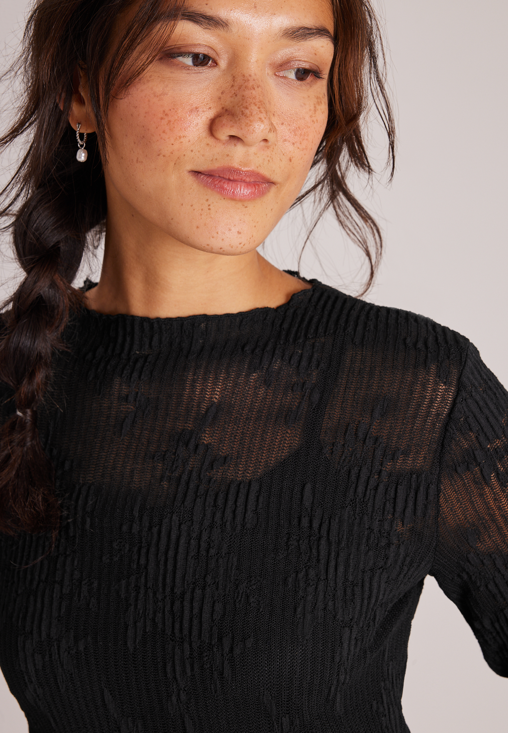 Pleated Lace Mock Neck Top, C106, large