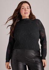 Plus Size Pleated Lace Mock Neck Top, C106, small
