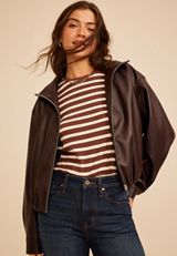 Faux Leather Bubble Hem Bomber Jacket, C115, small