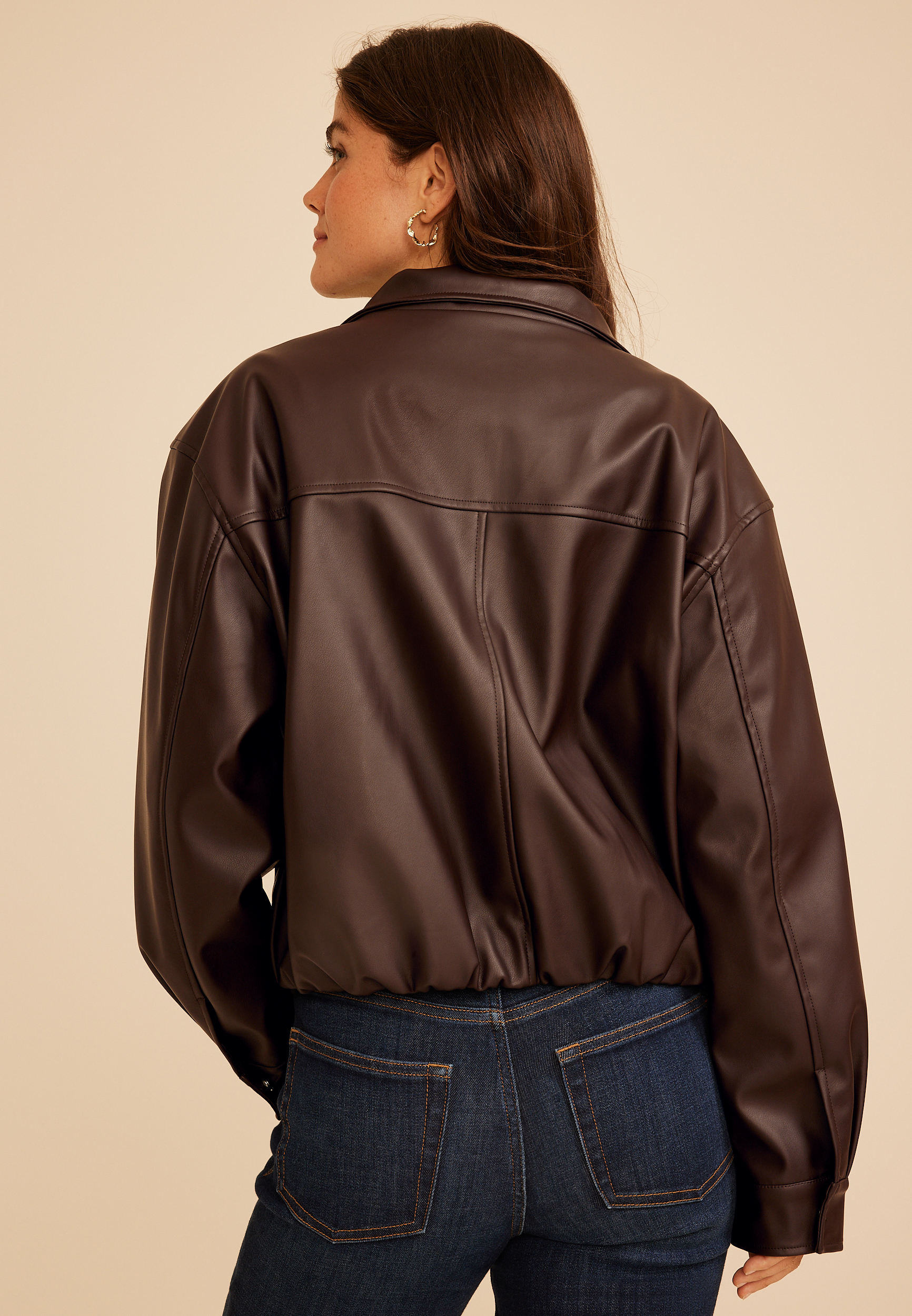 Faux Leather Bubble Hem Bomber Jacket, C115, large