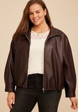 Plus Size Faux Leather Bubble Hem Bomber Jacket, C115, small
