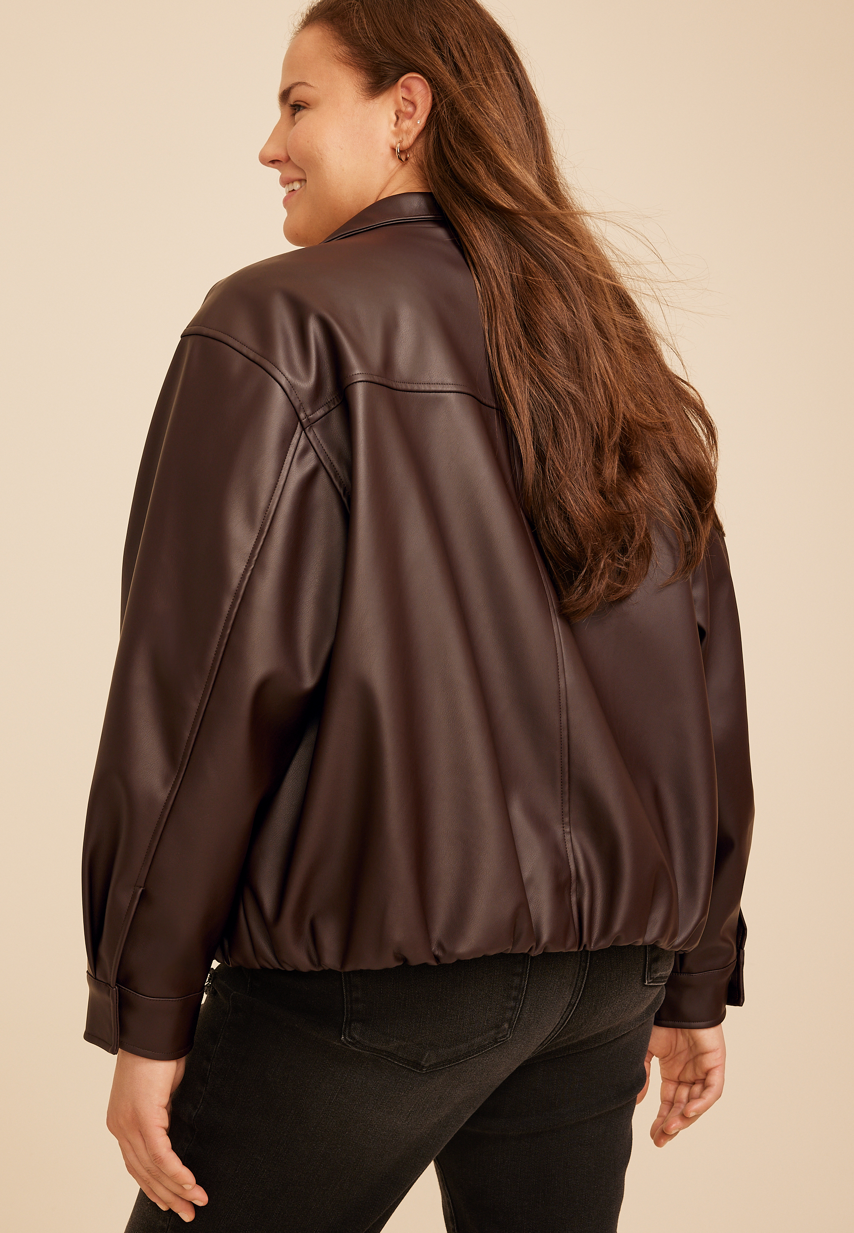 Plus Size Faux Leather Bubble Hem Bomber Jacket, C115, large