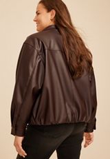 Plus Size Faux Leather Bubble Hem Bomber Jacket, C115, small