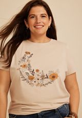 Plus Size Beaded Floral Crescent Moon Classic Fit Graphic Tee, C5640, small