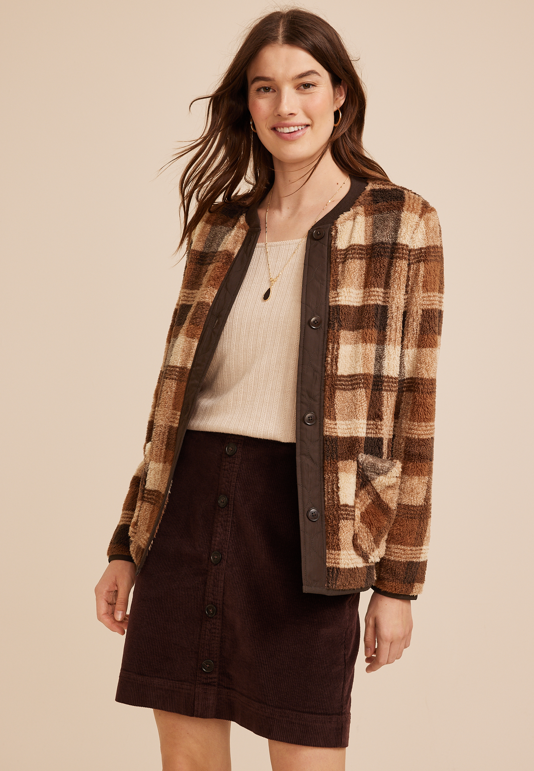 Plaid Sherpa Button Front Jacket | maurices