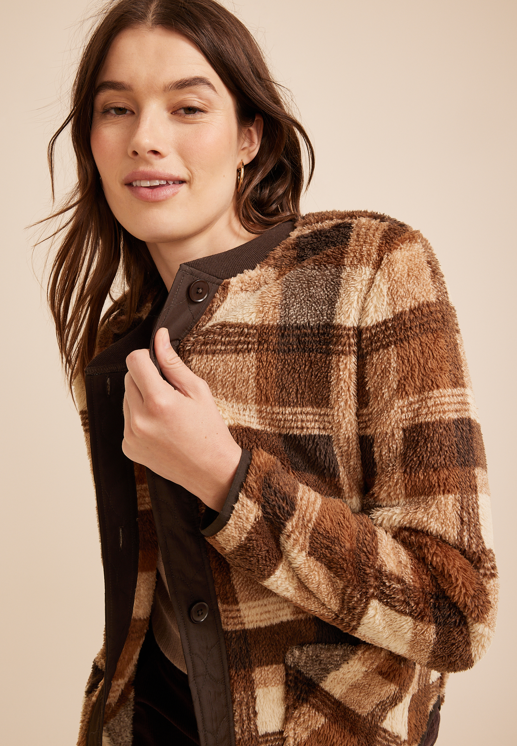 Plaid Sherpa Button Front Jacket | maurices