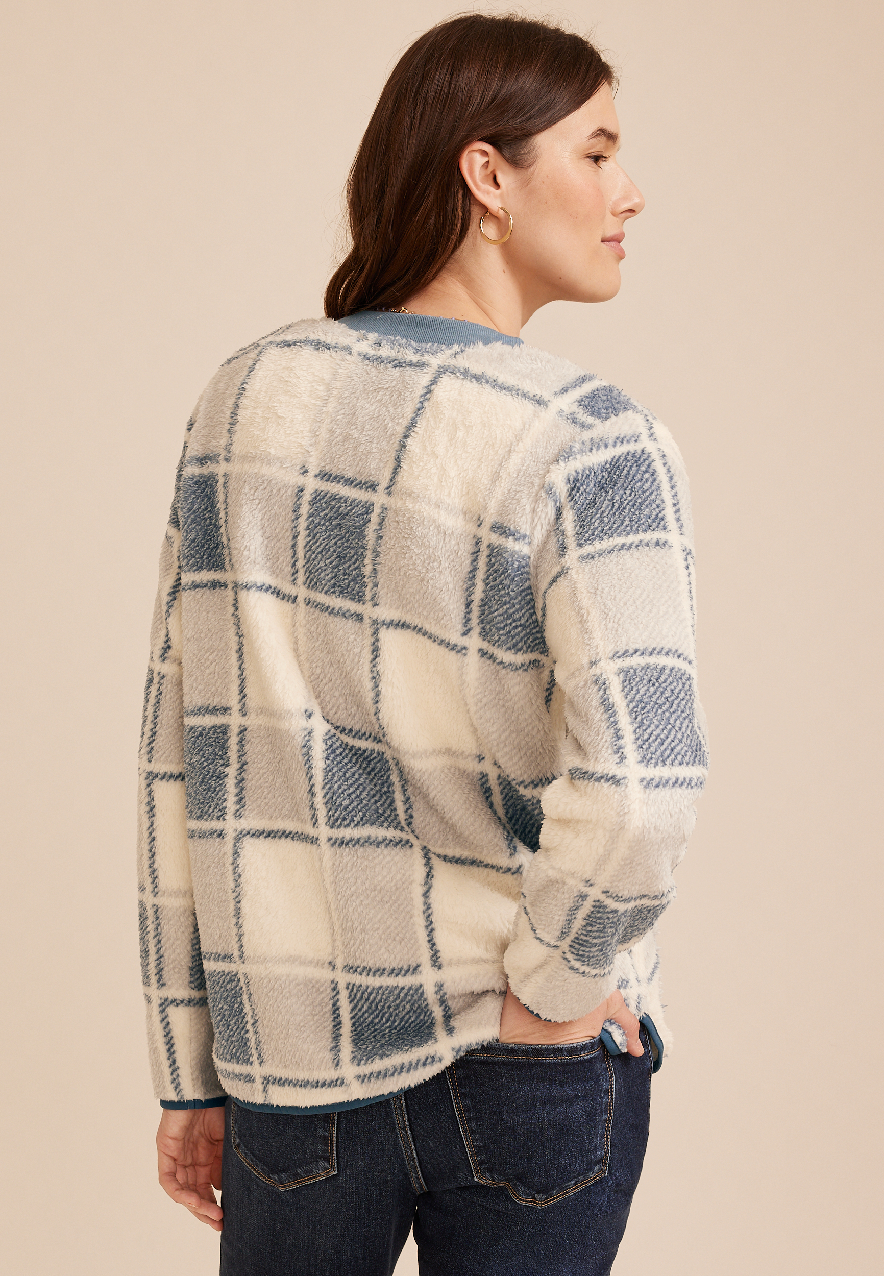 Plaid Sherpa Button Front Jacket, C1772, large