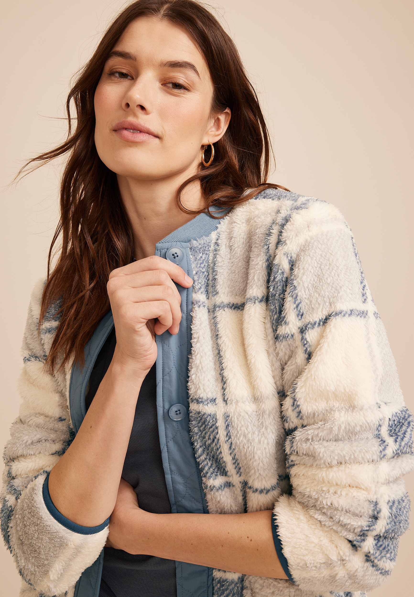 Plaid Sherpa Button Front Jacket, C1772, large