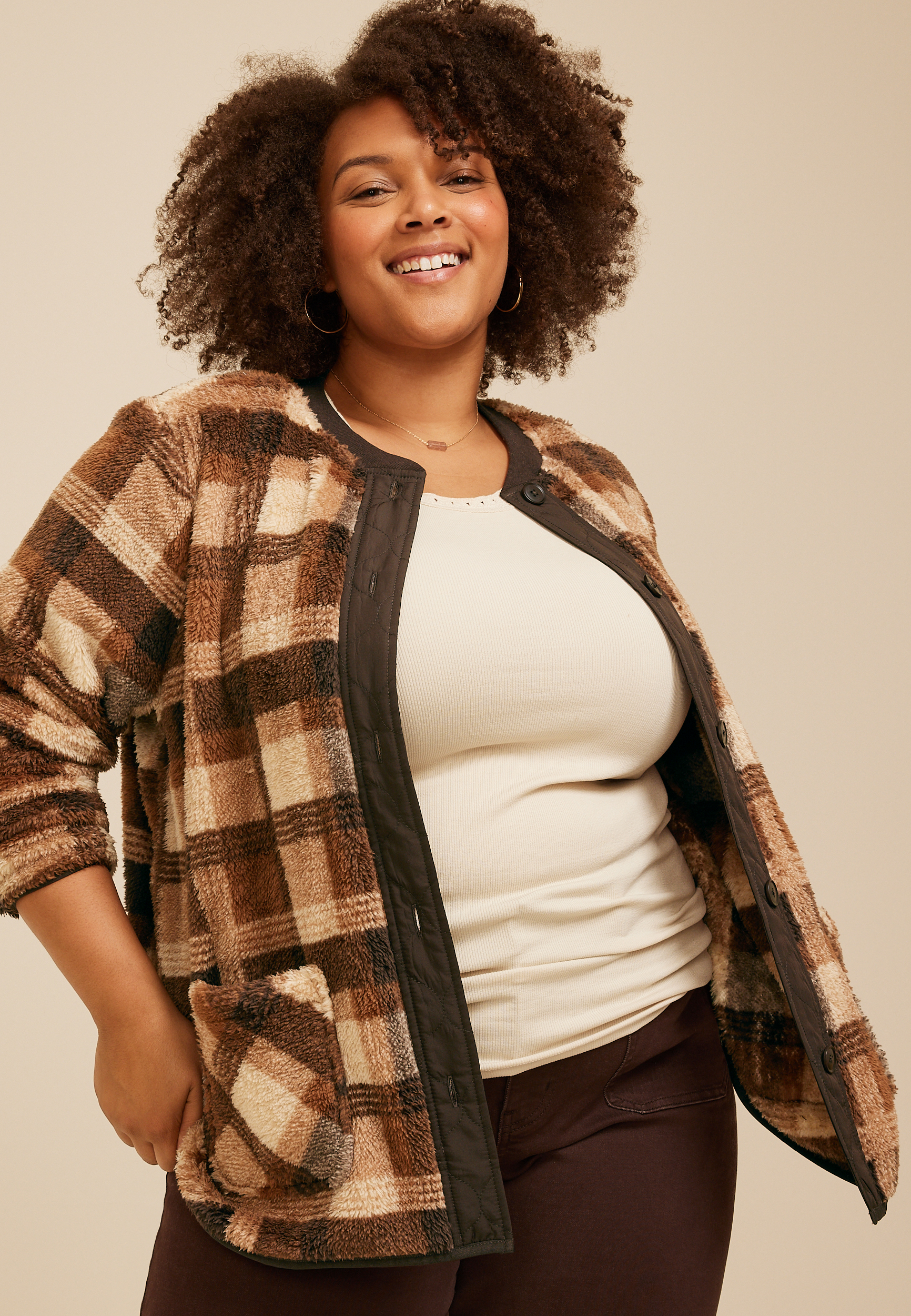 Plus Size Plaid Sherpa Button Front Jacket, C1246, large