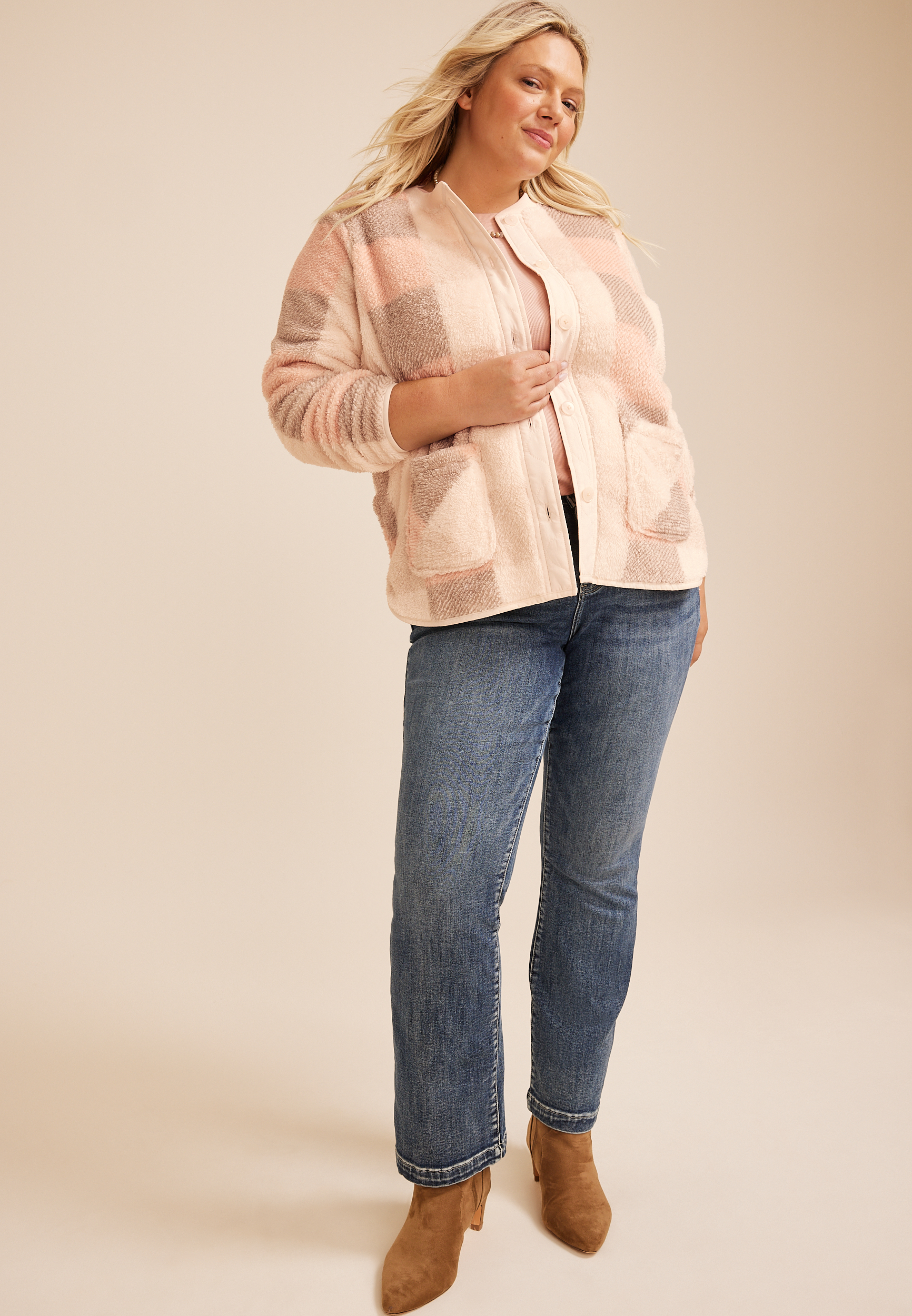 Plus Size Plaid Sherpa Button Front Jacket, C9370, large