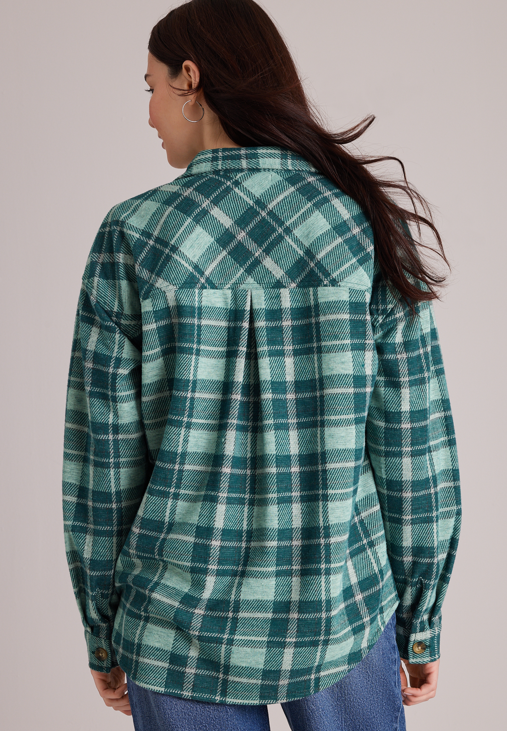 Knit Jacquard Plaid Button Front Shirt, C5273, large