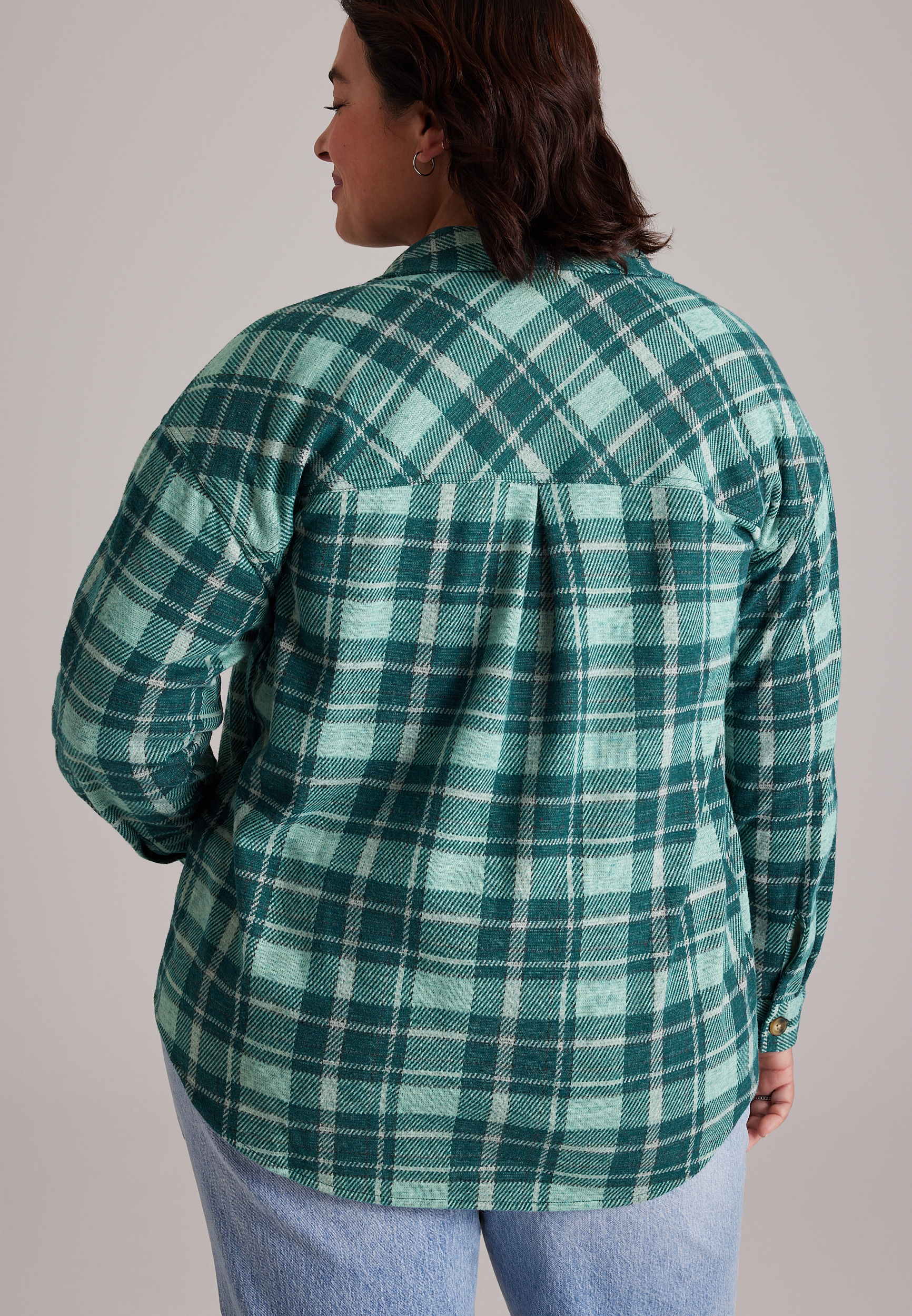 Plus Size Knit Jacquard Plaid Button Front Shirt, C5273, large