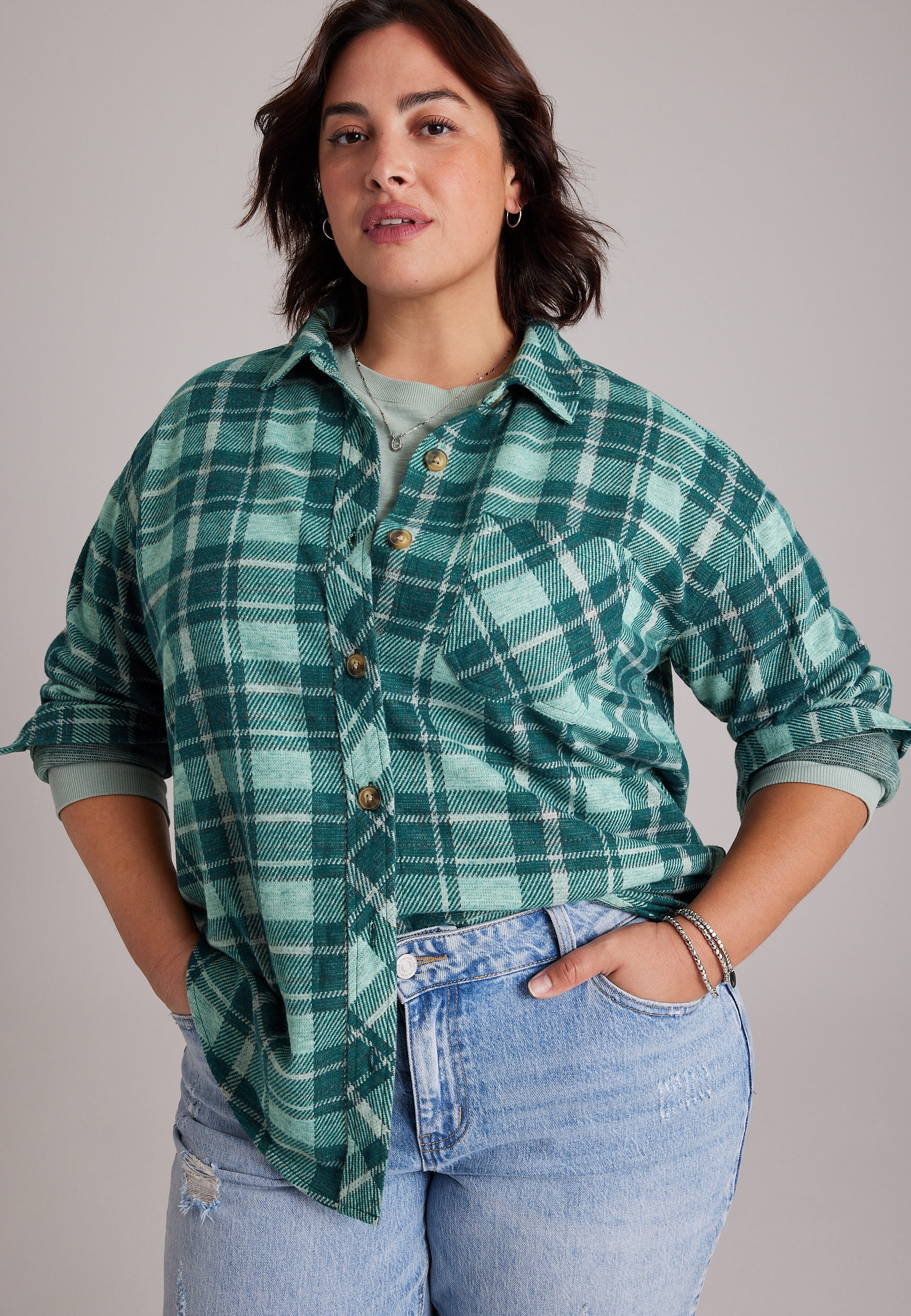 Plus Size Knit Jacquard Plaid Button Front Shirt, C5273, large