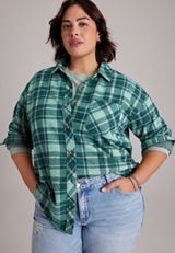 Plus Size Knit Jacquard Plaid Button Front Shirt, C5273, small