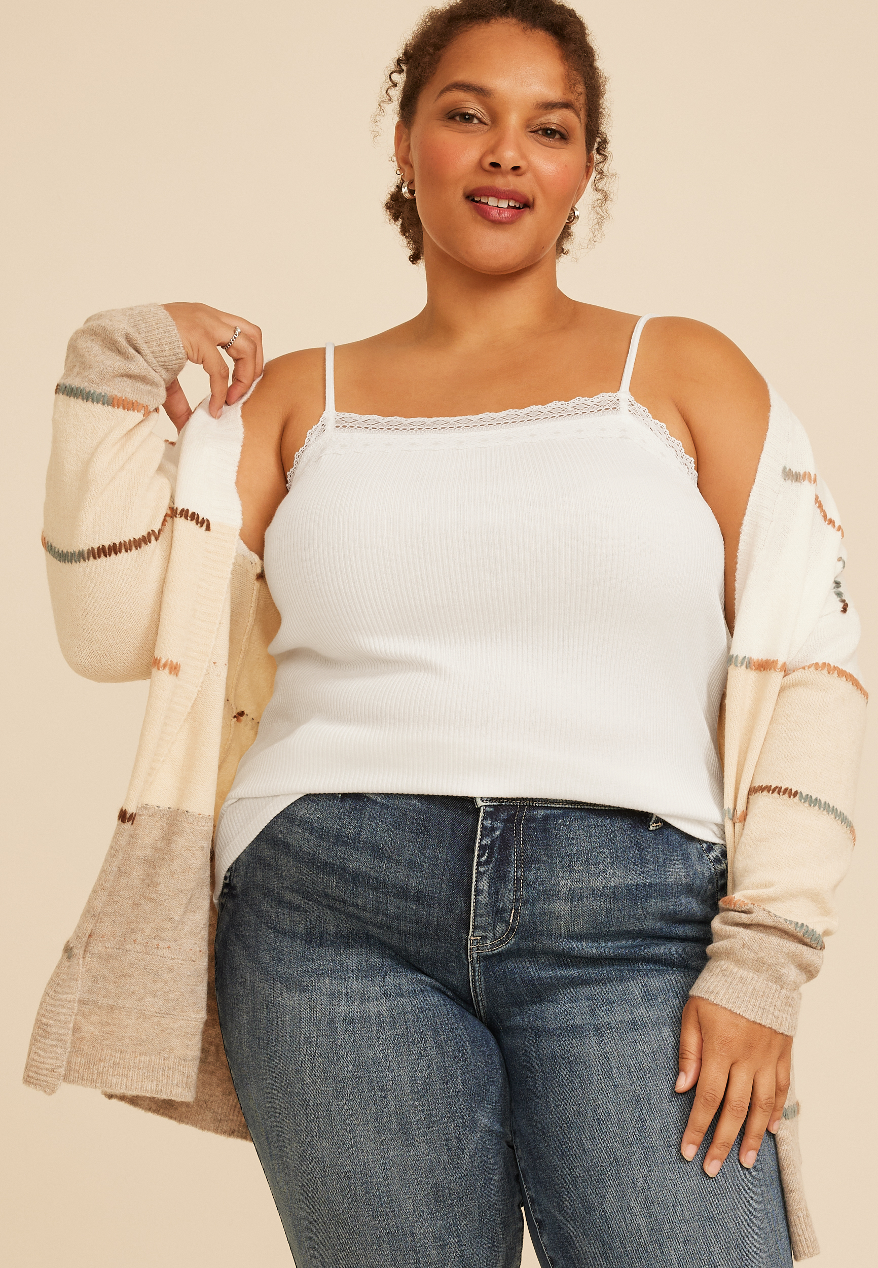 Plus Size Square Neck Lace Trim Rib Cami, C8232, large