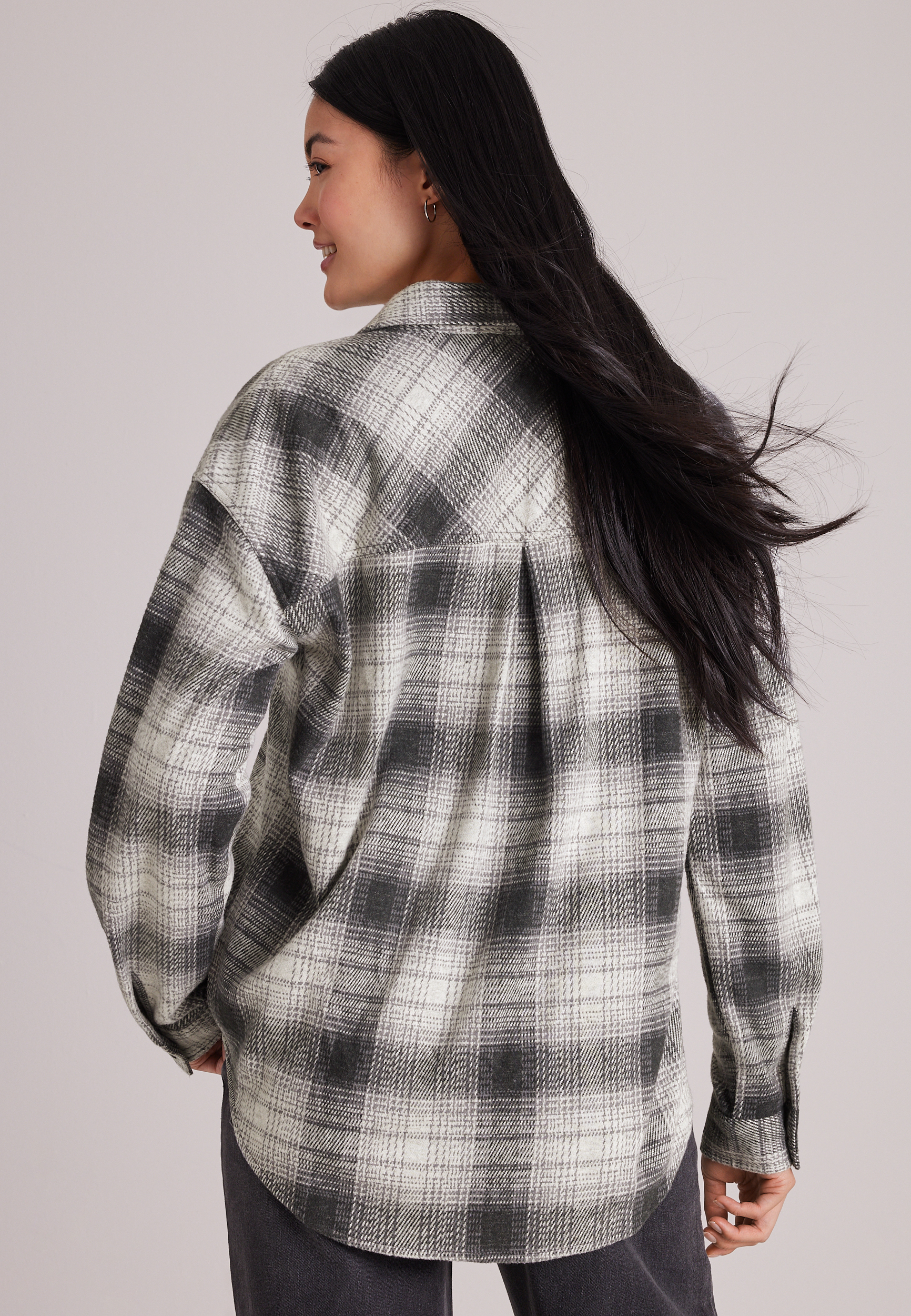 Knit Jacquard Plaid Button Front Shirt, C3884, large