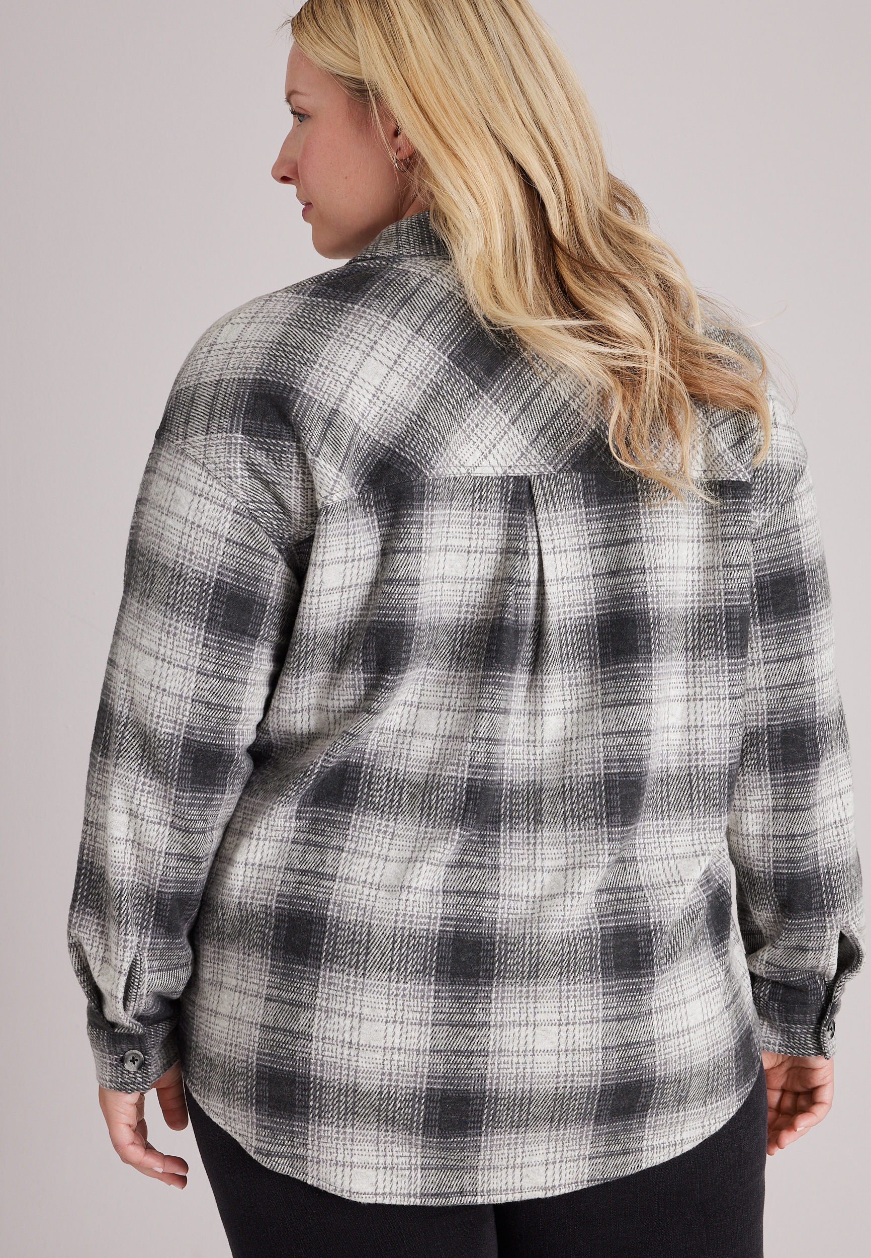 Plus Size Knit Jacquard Plaid Button Front Shirt, C3884, large
