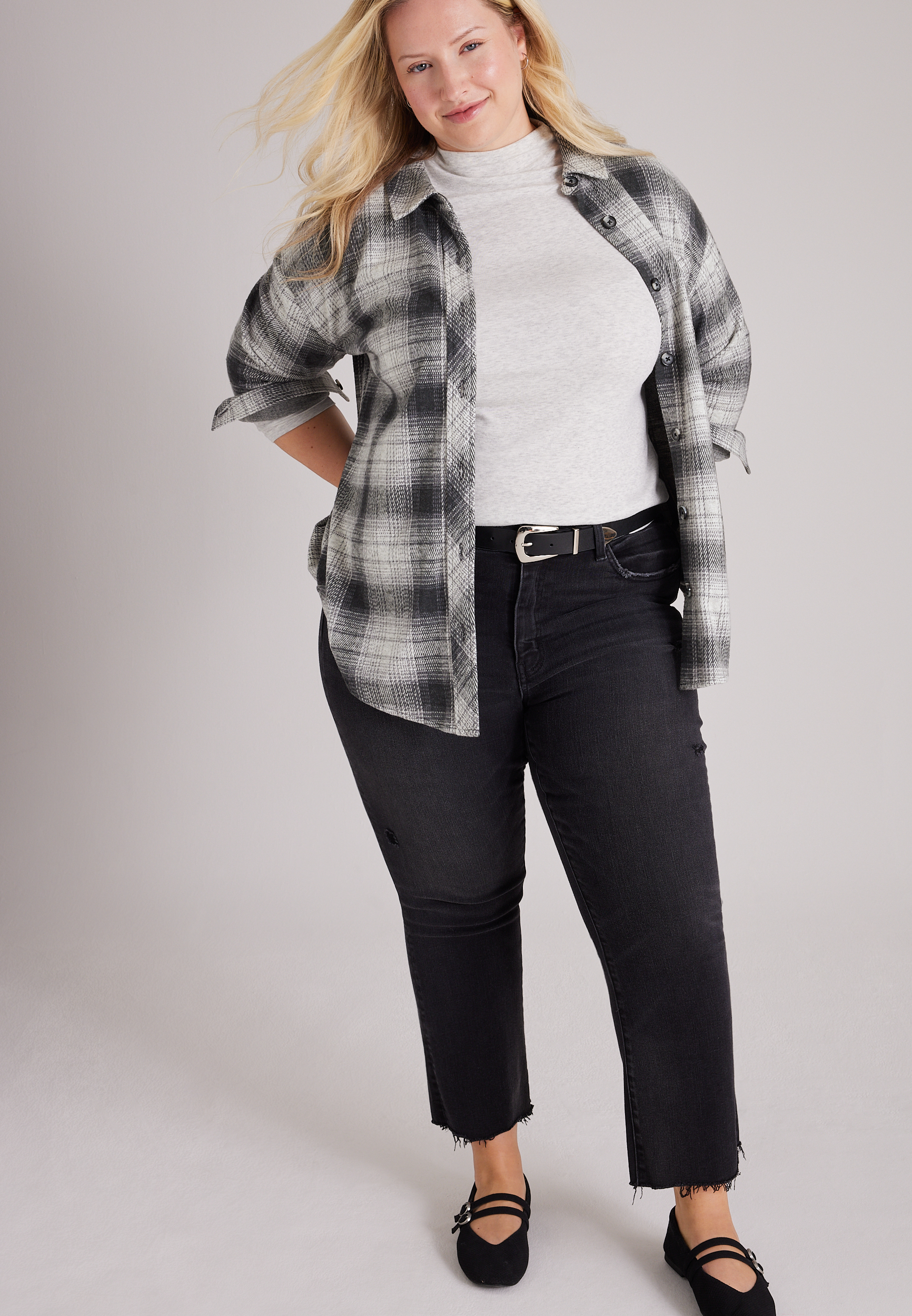 Plus Size Knit Jacquard Plaid Button Front Shirt, C3884, large