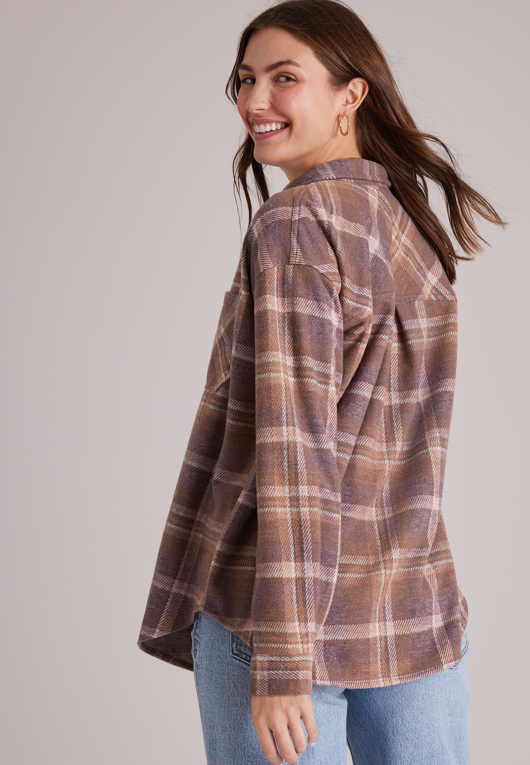 Knit Jacquard Plaid Button Front Shirt, C30, large