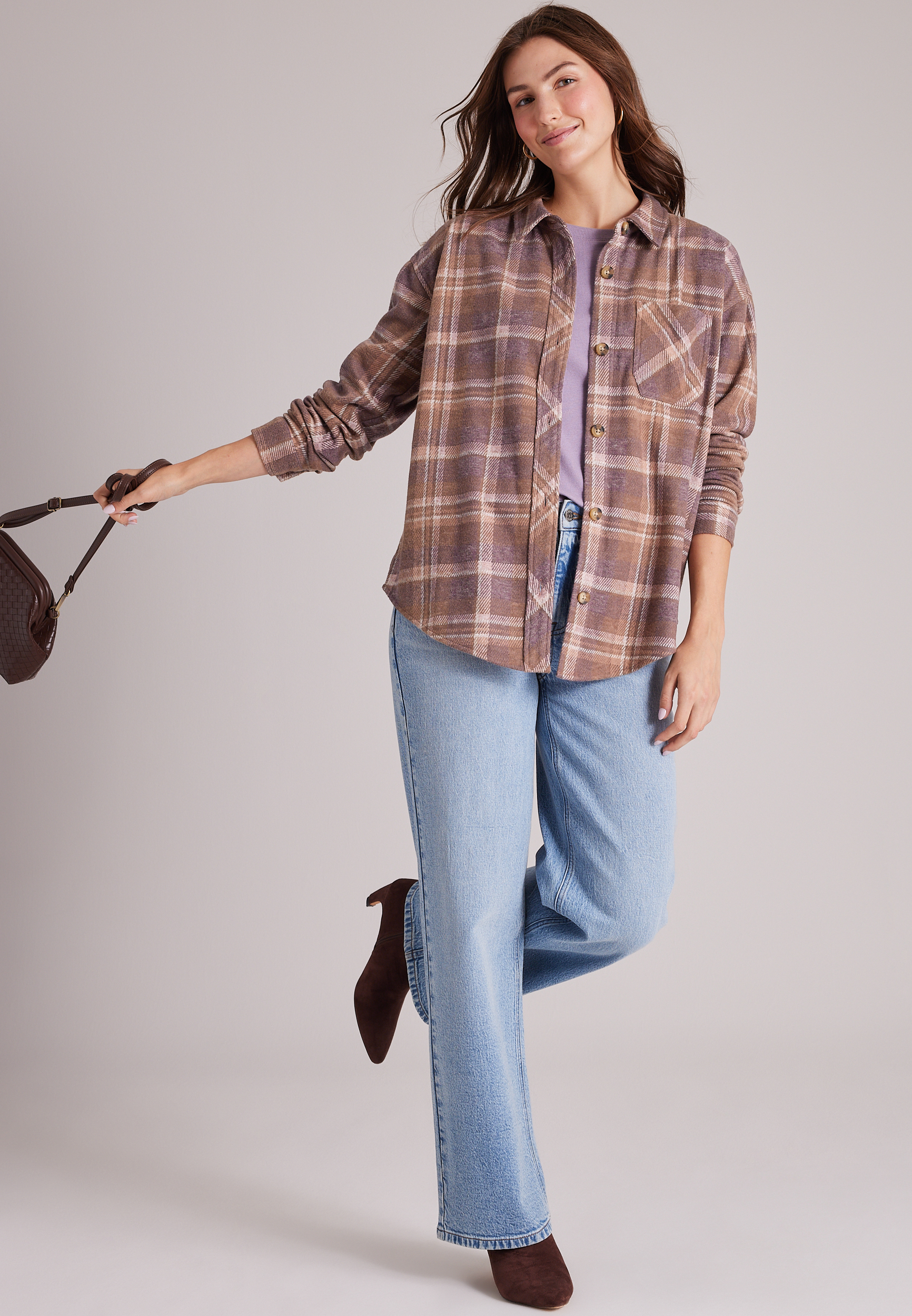 Knit Jacquard Plaid Button Front Shirt, C30, large