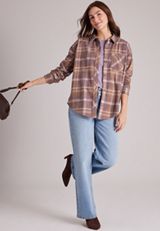 Knit Jacquard Plaid Button Front Shirt, C30, small