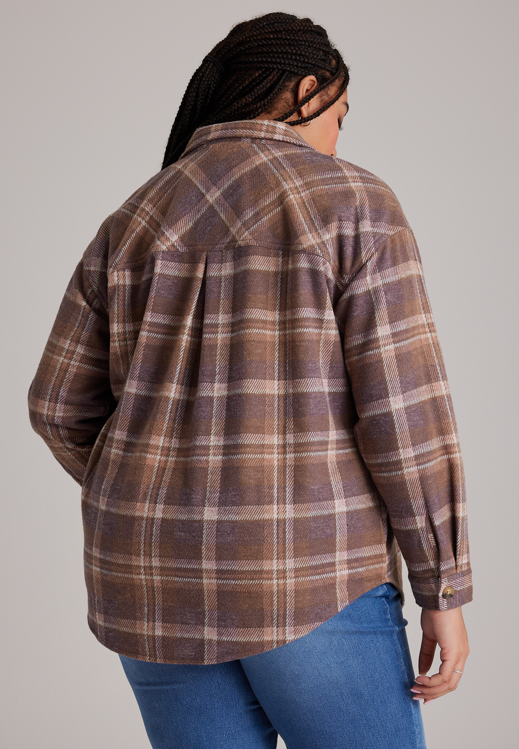 Plus Size Knit Jacquard Plaid Button Front Shirt, C30, large