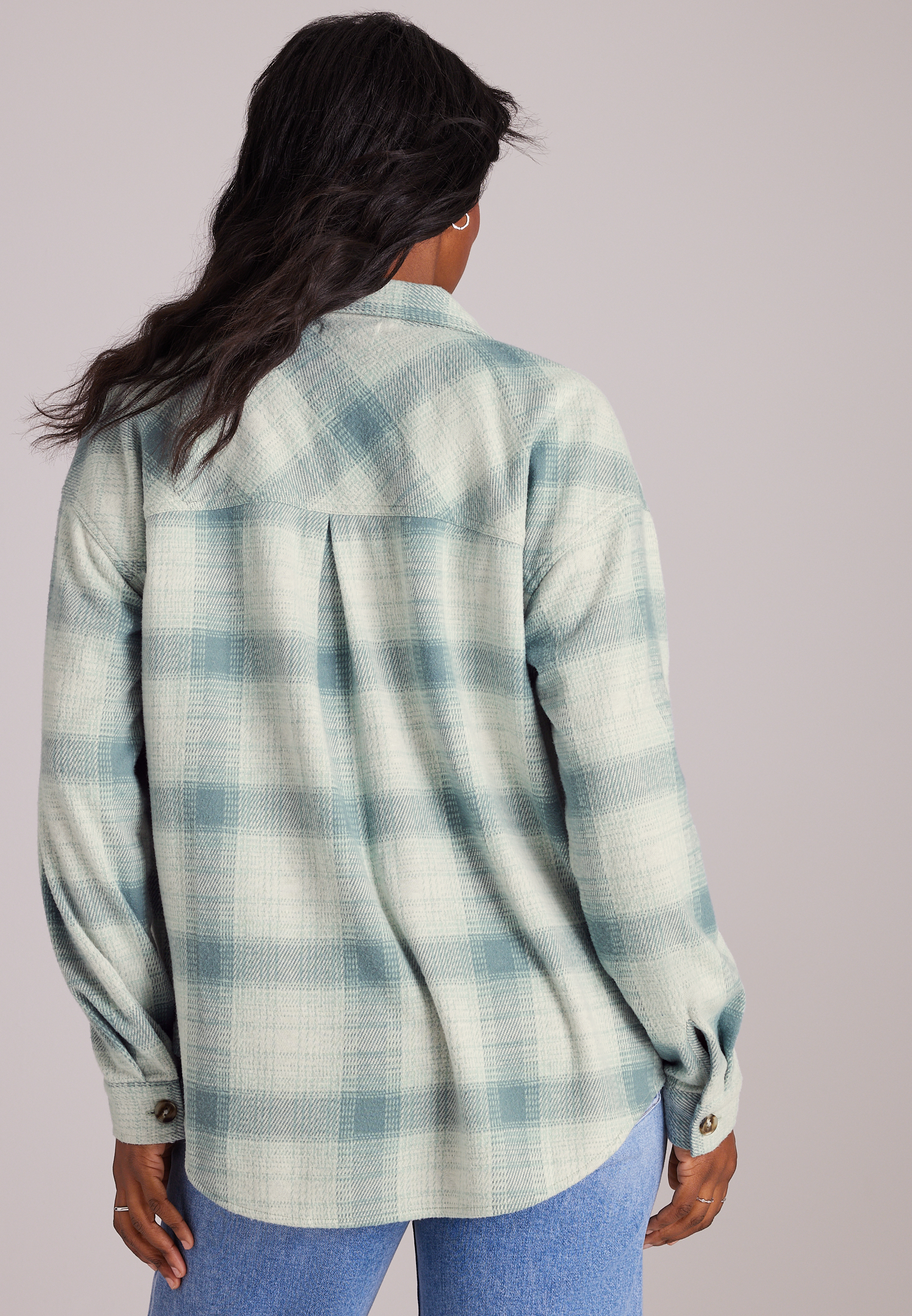 Knit Jacquard Plaid Button Front Shirt, C4817, large