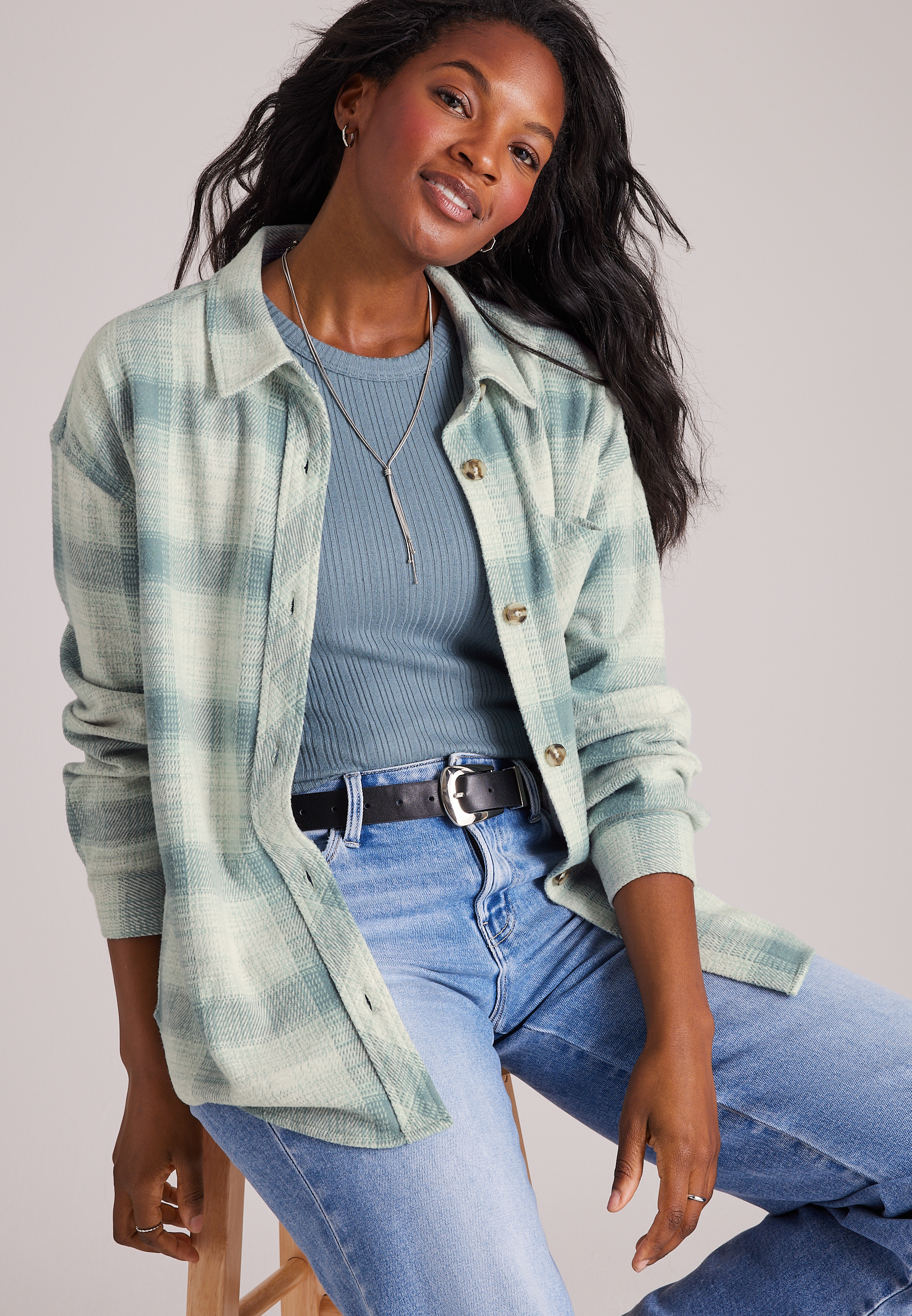 Knit Jacquard Plaid Button Front Shirt, C4817, large