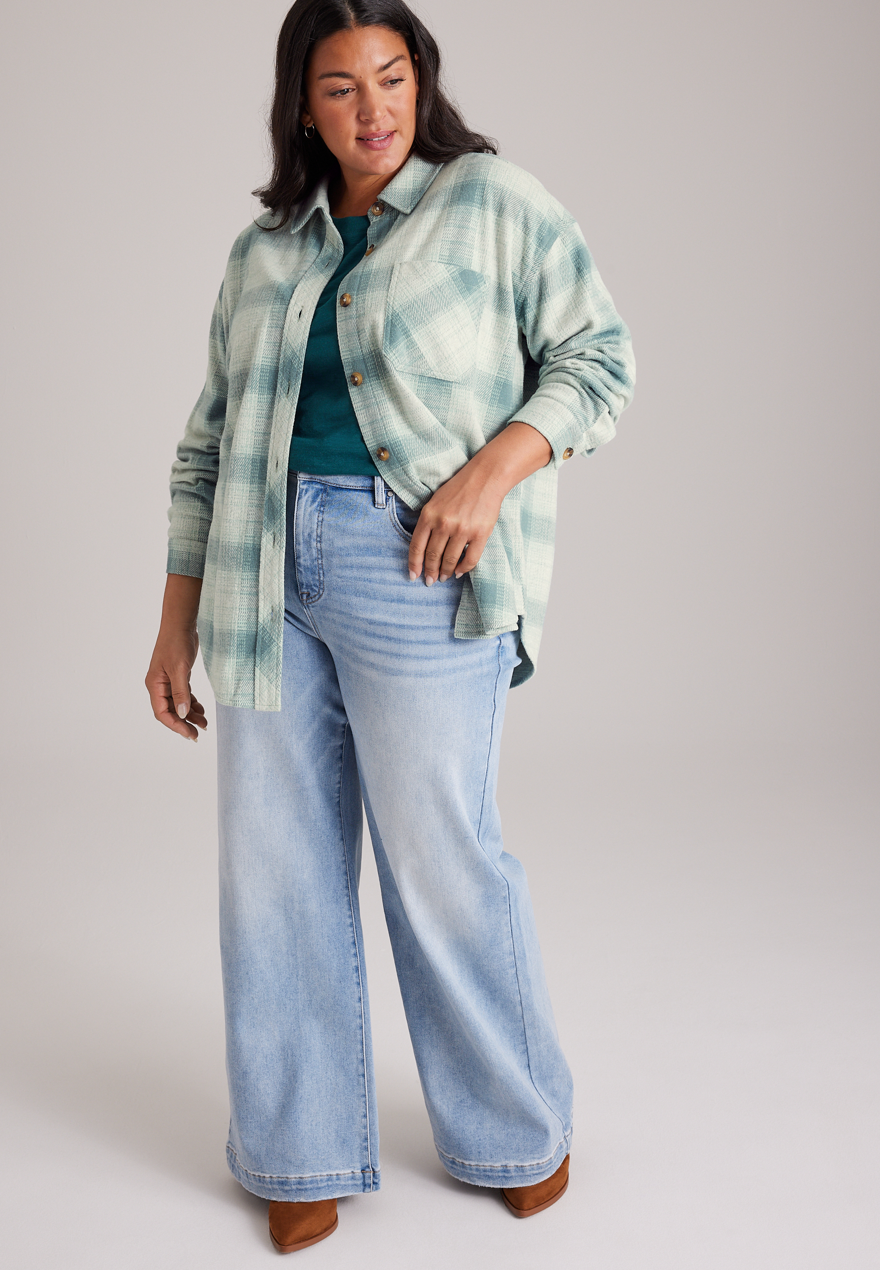Plus Size  Knit Jacquard Plaid Button Front Shirt, C4817, large
