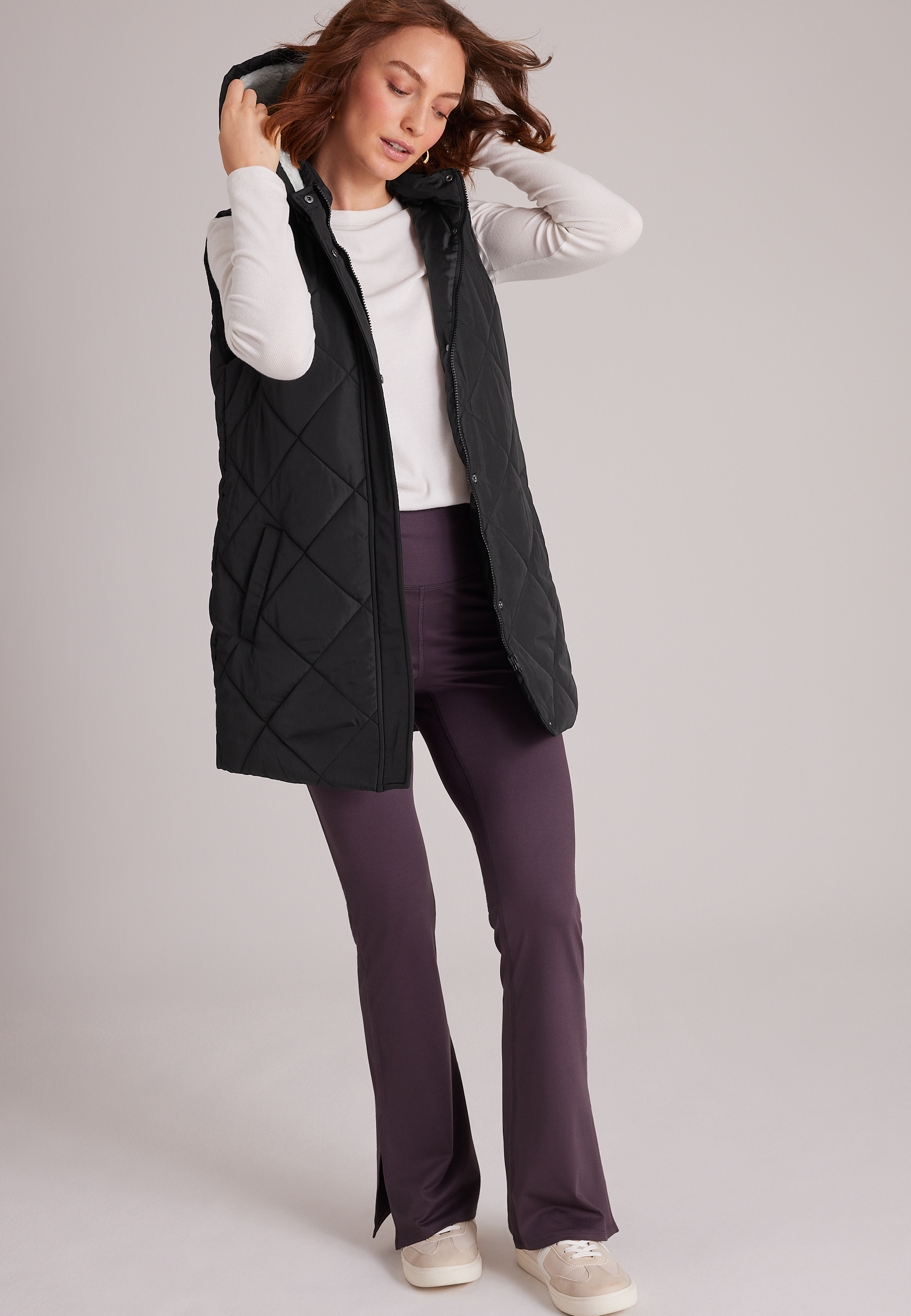 Quilted Sherpa Hooded Long Vest, C106, large