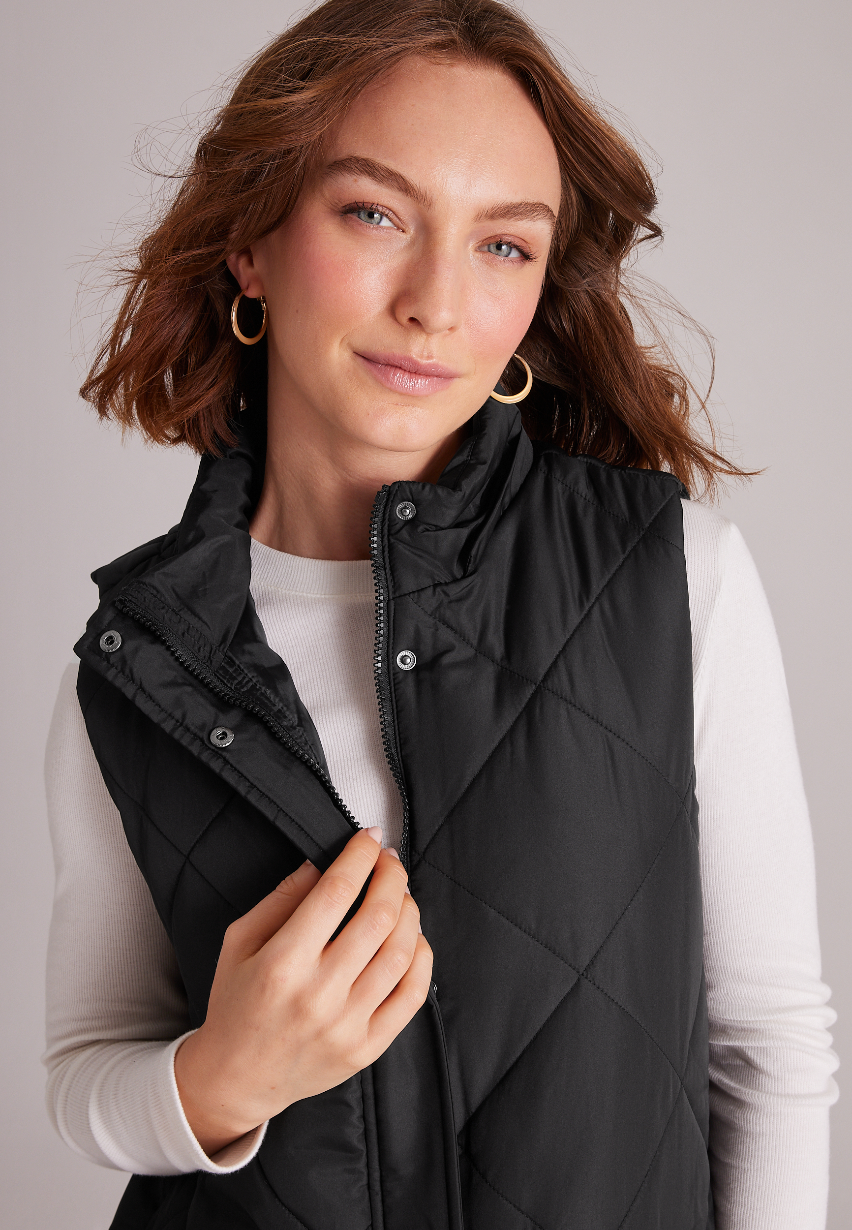 Quilted Sherpa Hooded Long Vest, C106, large