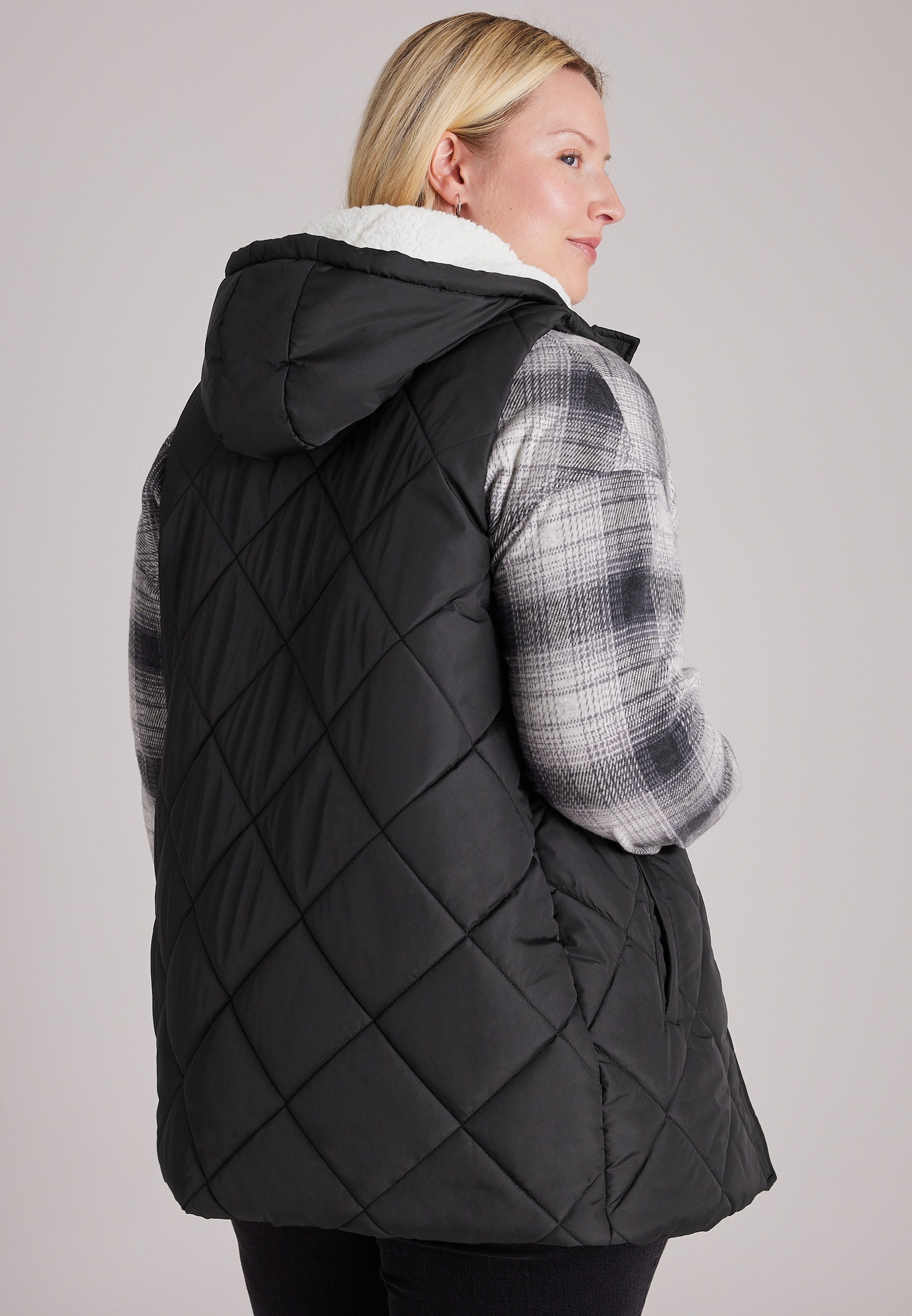 Plus Size Quilted Sherpa Hooded Long Vest, C106, large