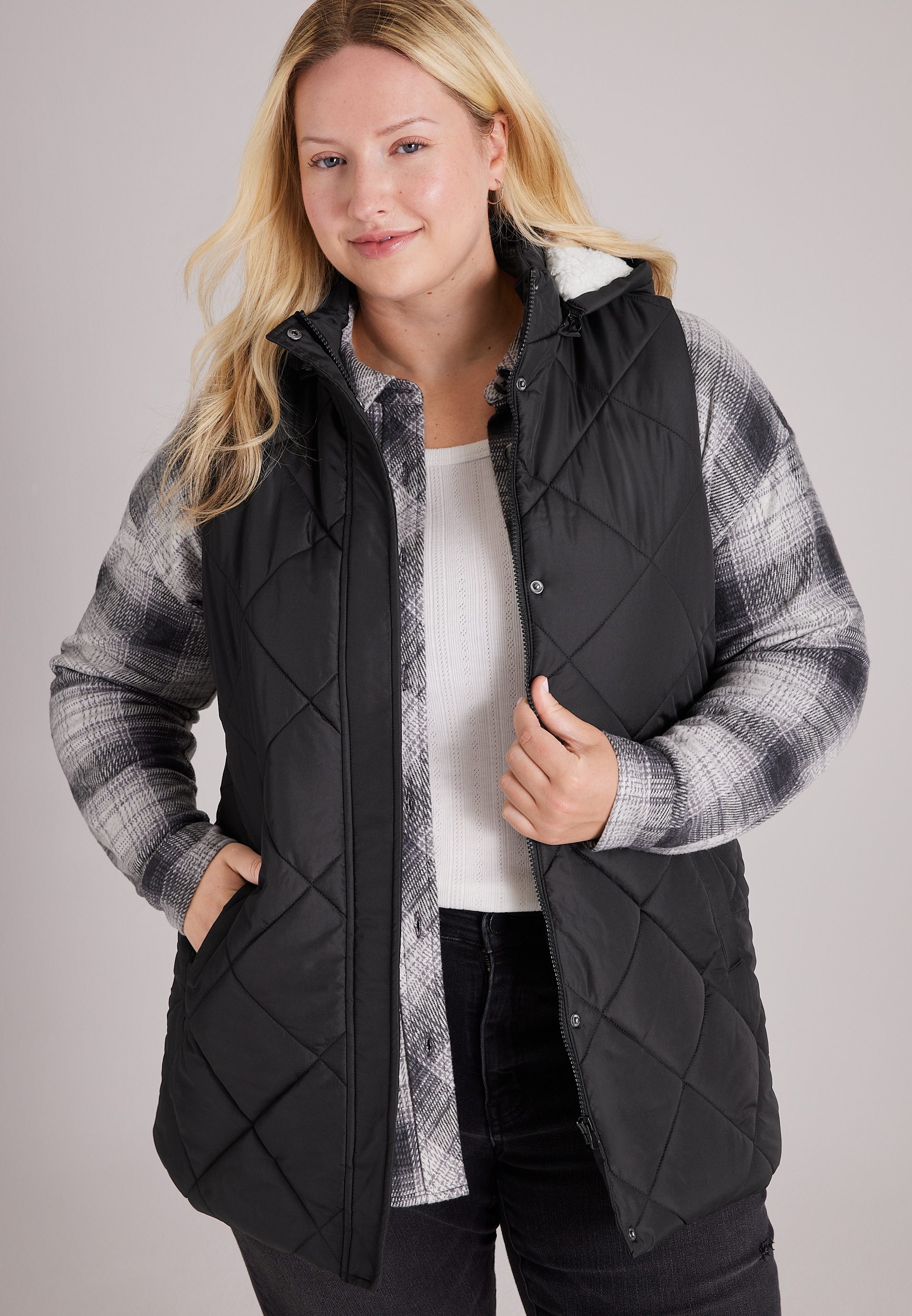 Plus Size Quilted Sherpa Hooded Long Vest, C106, large